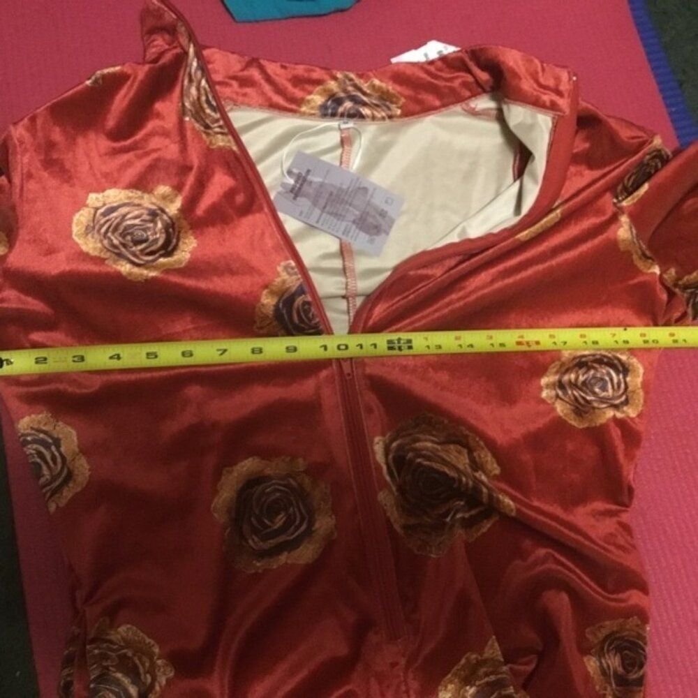 Oyrosy Elegant Red Floral Rose Velvet Zip up  Long Sleeve  Retro Jumpsuit M - Picture 6 of 13